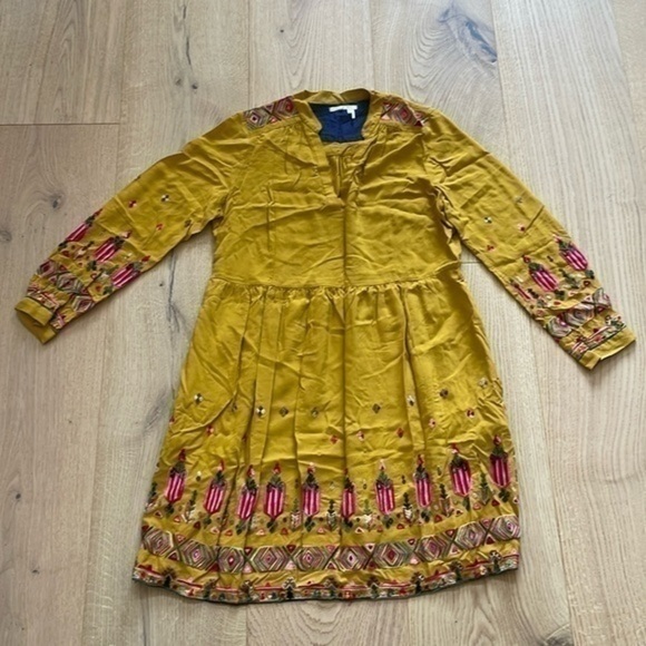 Anthropologie M Mustard Yellow Embroider long sleeve mini dress Raella - Picture 2 of 4